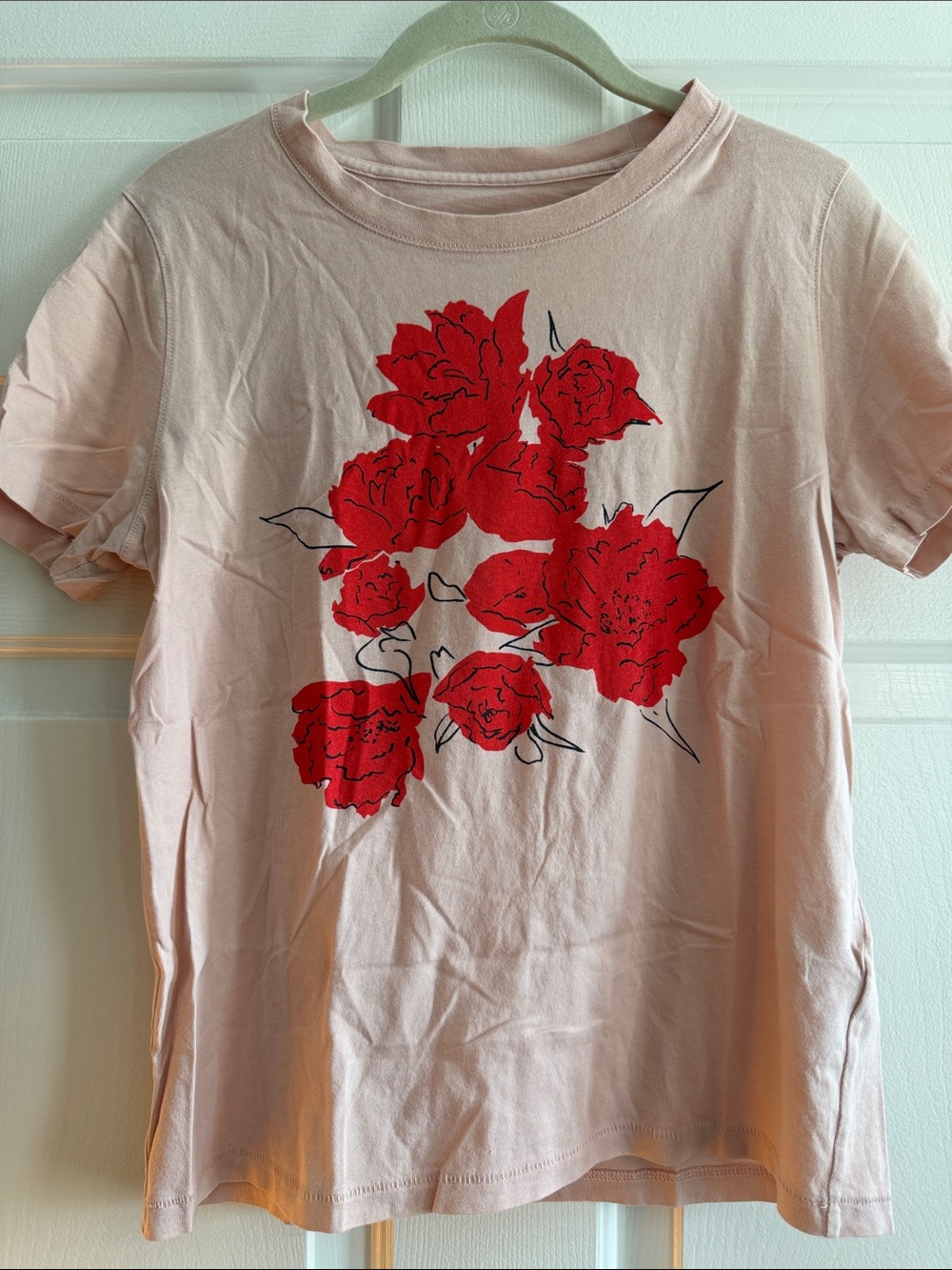 J. Crew Light Pink Short Sleeve Tee with Red Floral Graphic